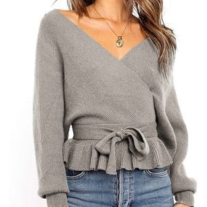 Wrap V Neck Long Batwing Sleeve Belted Waist